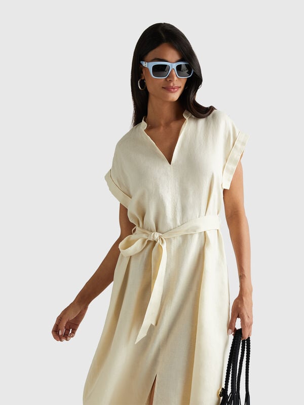 Vestido 100% lino con fajín Mujer