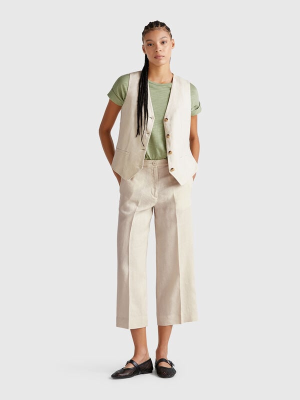 Pantalón cropped de puro lino Mujer