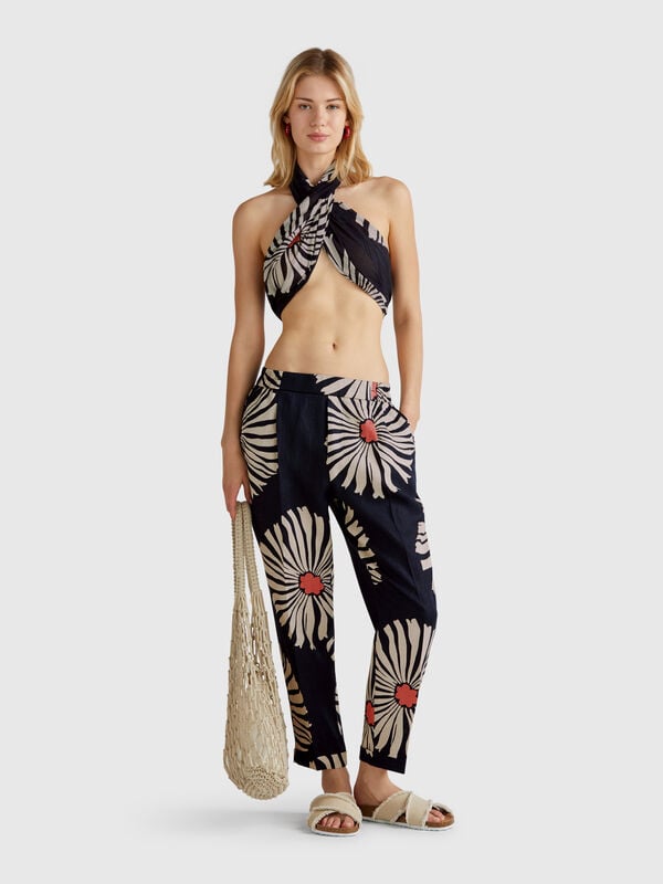 Pantalón lino estampado Mujer