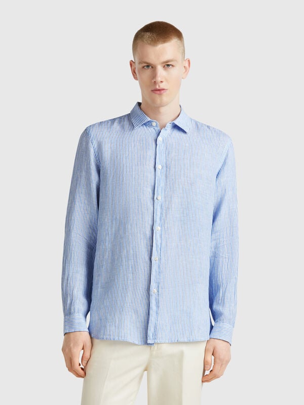 Camisa de rayas celeste en puro lino Hombre