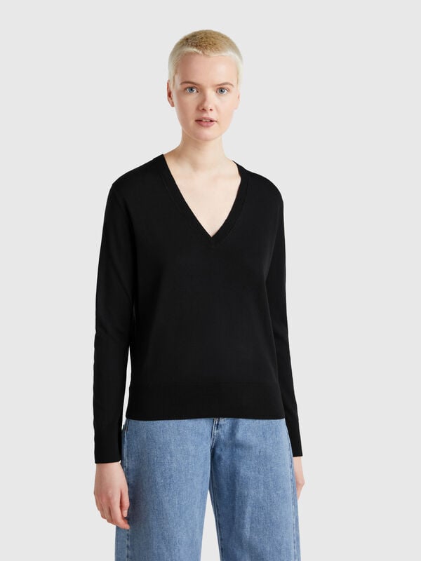 Jersey con cuello de pico en mezcla de seda Mujer