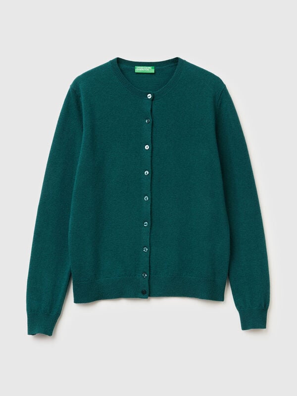 Cárdigan verde de cuello redondo en pura lana merino Mujer