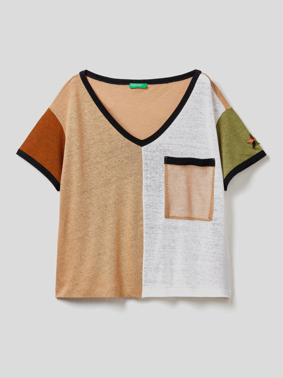 Camiseta color block en mezcla de algodón y lino image number 1