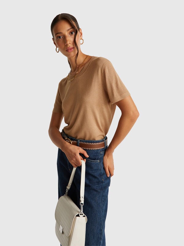 Suéter de mezcla de seda de manga corta Mujer