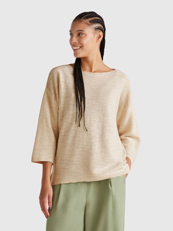 Jersey de mezcla de lino con manga 3/4 Mujer