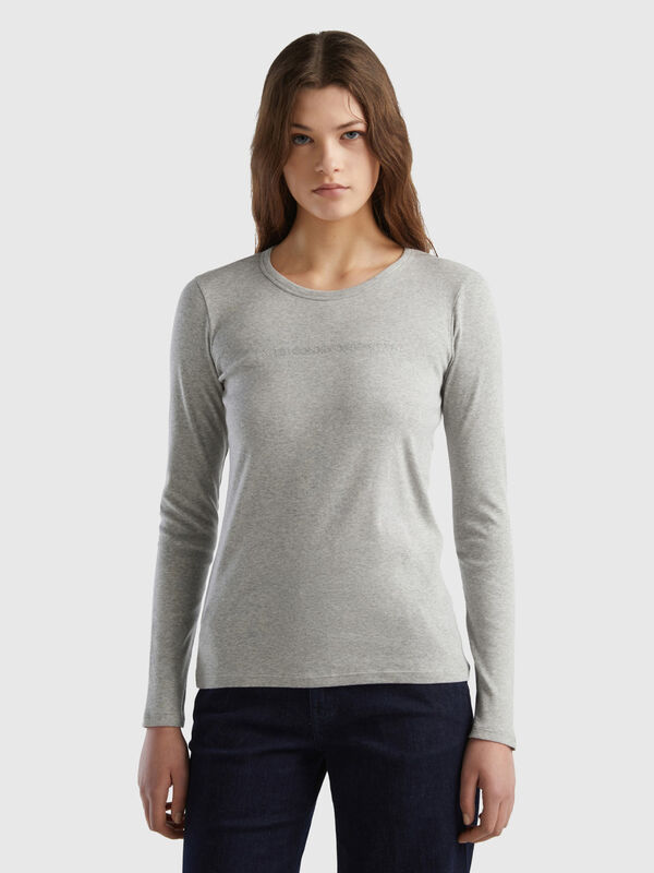 Camiseta gris de manga larga de 100 % algodón Mujer