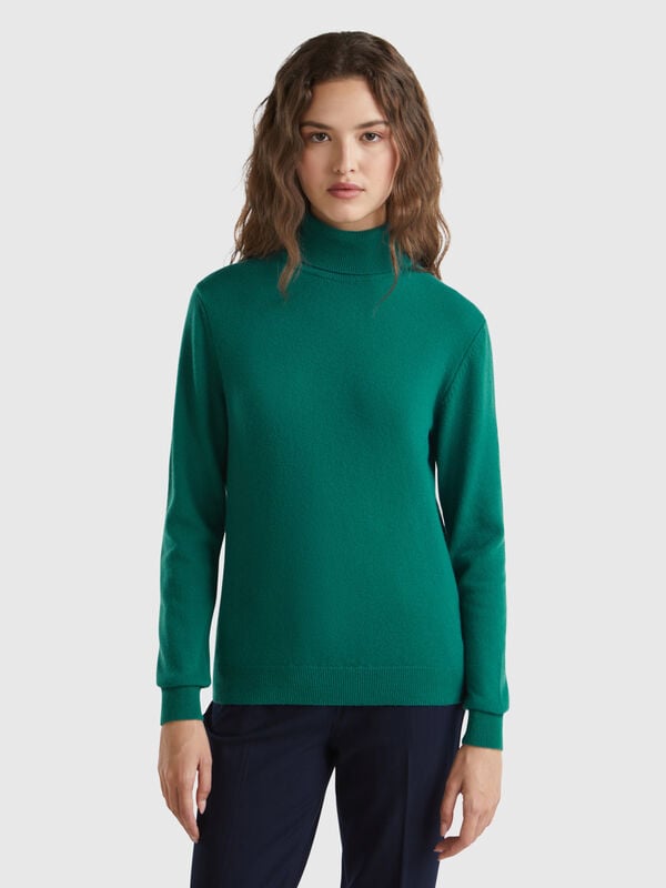 Jersey de cuello alto verde bosque en pura lana merina Mujer