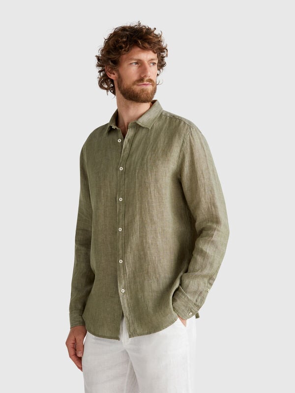 Camisa verde militar de puro lino Hombre