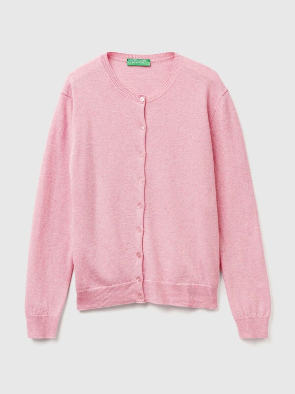 Cárdigan rosa de cuello redondo en pura lana merino Cárdigan rosa de cuello redondo en pura lana merino Mujer