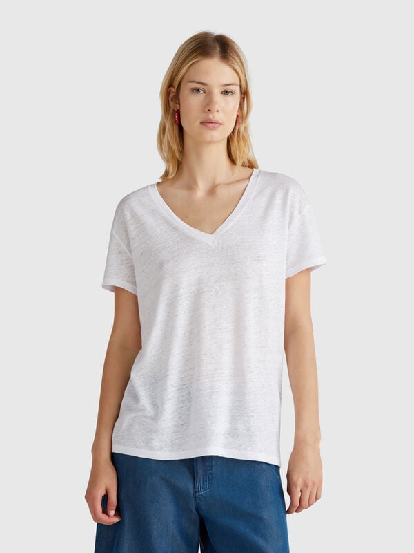 Camiseta con cuello de pico en puro lino Mujer