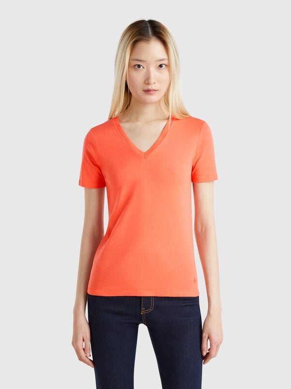 Camiseta coral de algodón puro con escote de pico Mujer