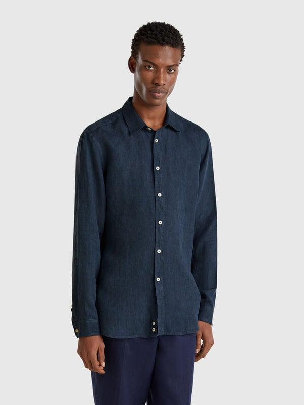 Camisa estampada azul medianoche en puro lino Hombre