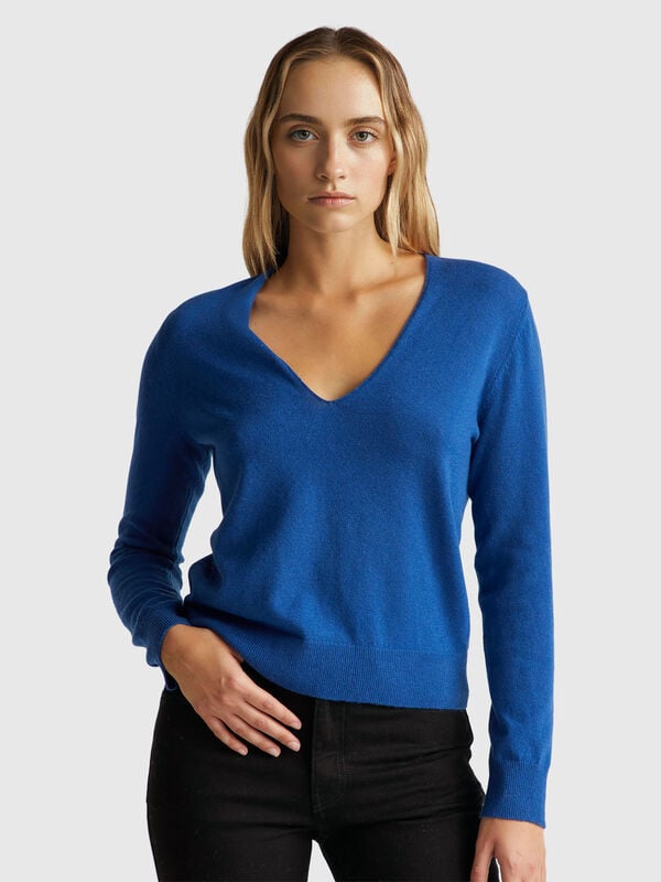 Suéter azul de cuello en V en pura lana merino Mujer