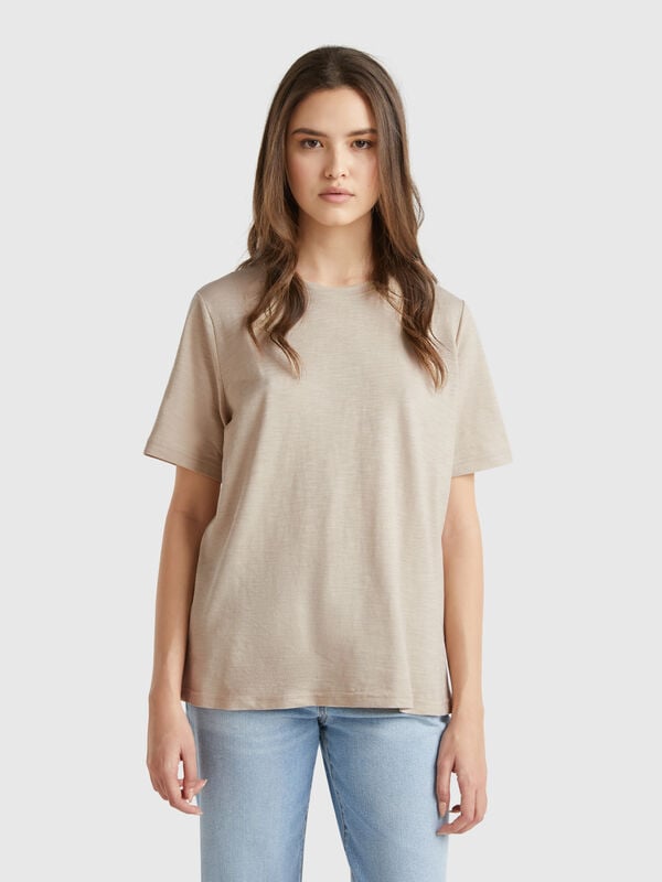 Camiseta de cuello redondo de algodón flameado Mujer