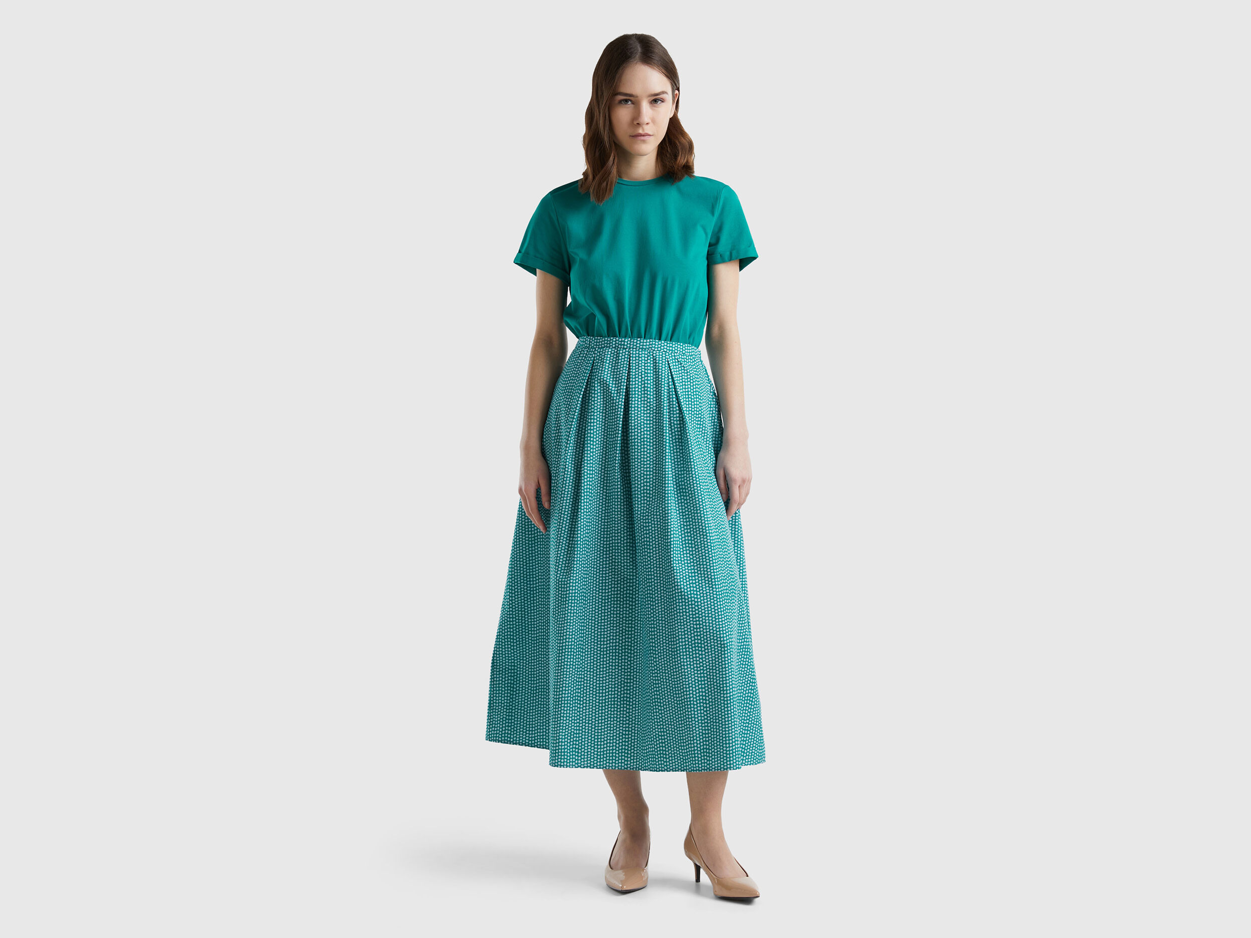 Vestido largo con falda estampada Verde Petroleo Benetton