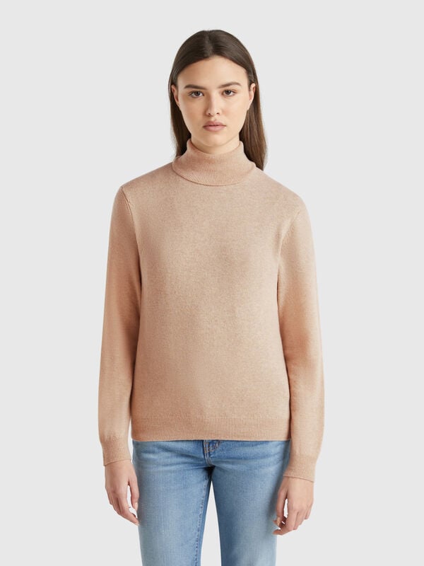 Jersey de cuello cisne beige de pura lana merina Mujer