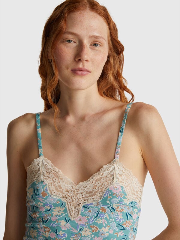 Camiseta sin mangas floral con encaje Mujer
