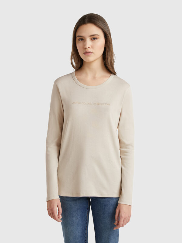 Camiseta beige de manga larga de 100 % algodón Mujer