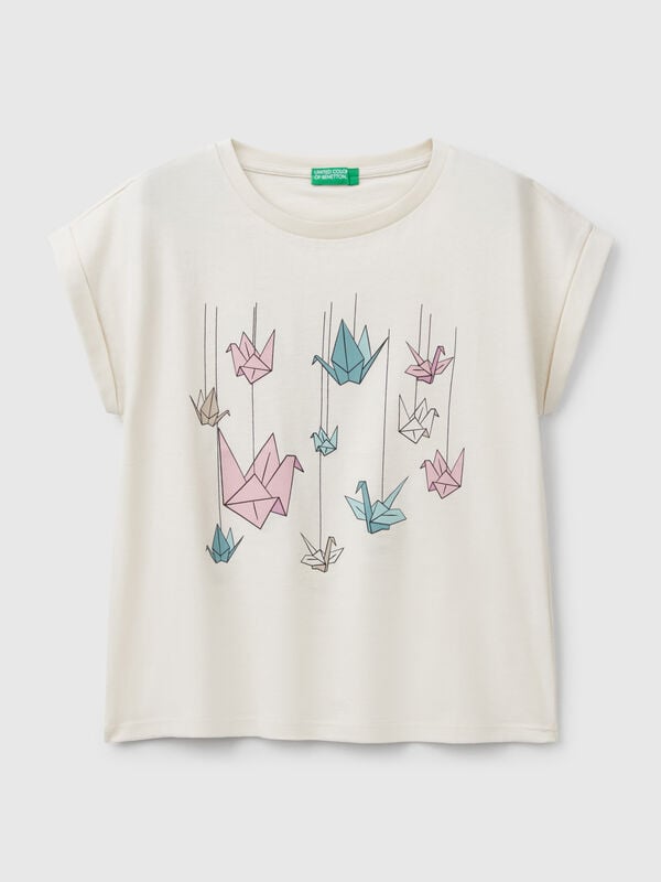 Camiseta boxy fit con estampado y purpurina Niña