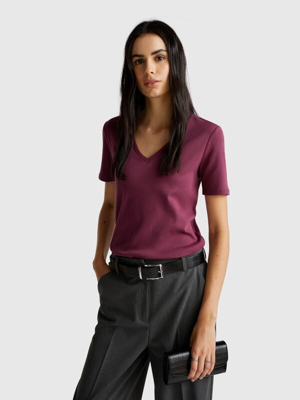 Camiseta de cuello en V de algodón puro Mujer