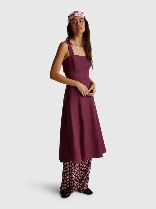 Vestido de escote cuadrado en puro lino Mujer