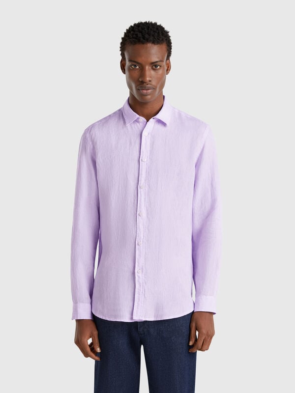 Camisa estampada lila de puro lino Hombre
