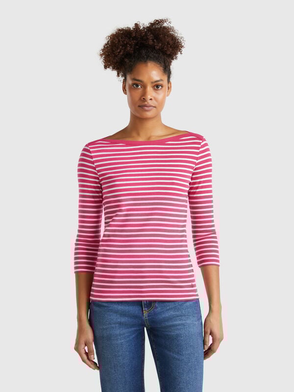 Camiseta de rayas de manga 3/4 de puro algodón Mujer