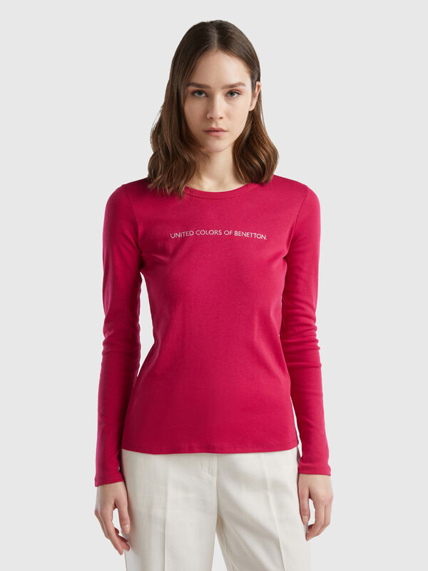 Camiseta de manga larga de 100 % algodón rojo cereza Mujer