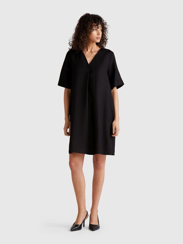 Vestido de manga corta en puro lino Mujer