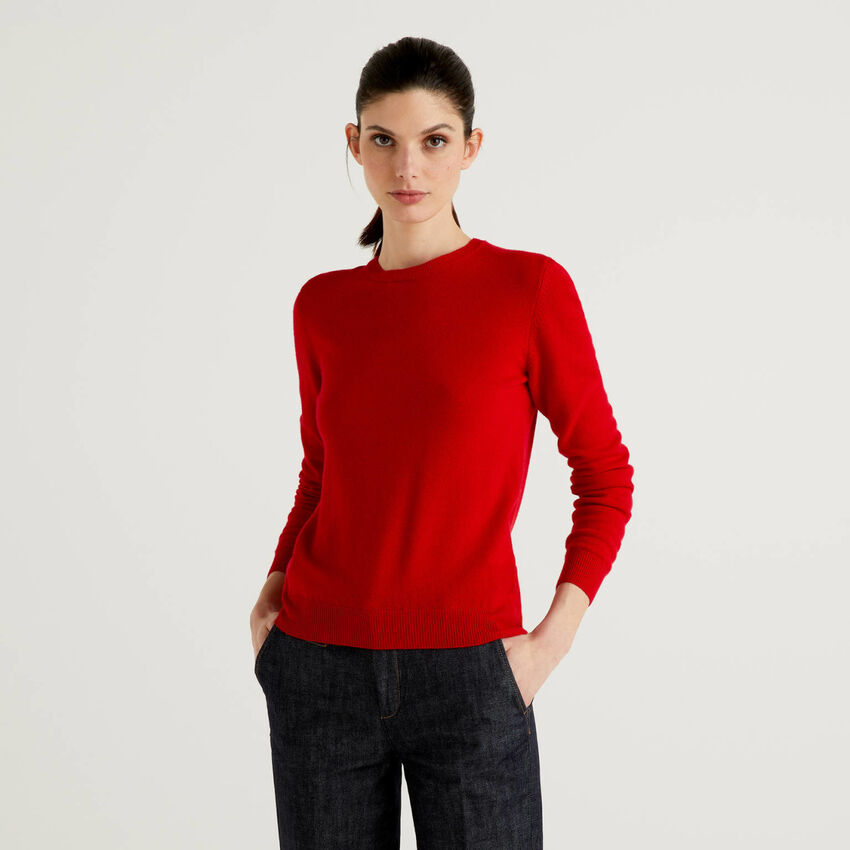 Jersey de cuello redondo rojo de lana Merina