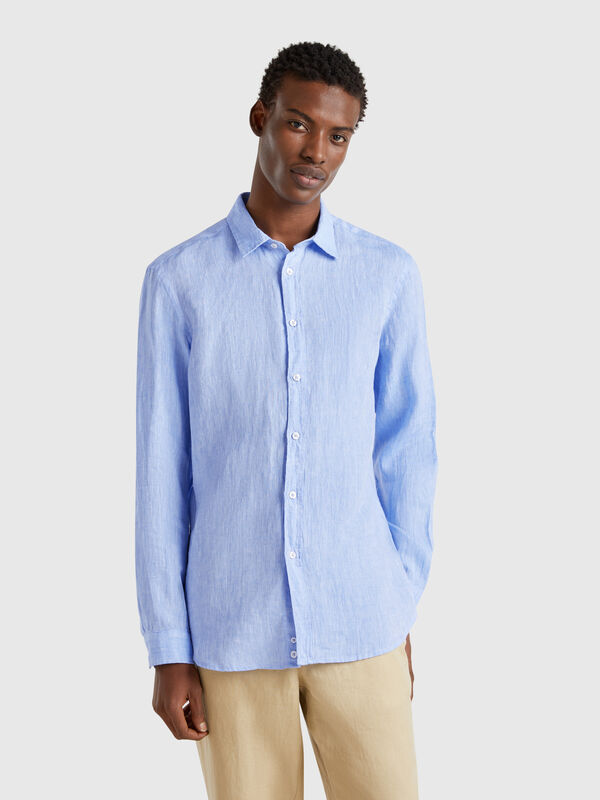Camisa estampada azul claro en puro lino Hombre