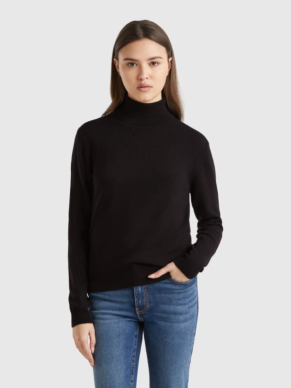 Jersey de cuello cisne negro de pura lana merina Mujer