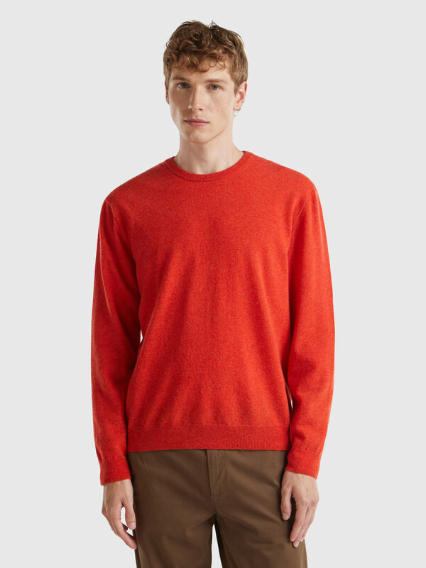 Jersey cuello redondo naranja jaspeado en pura lana merina Hombre