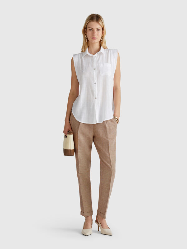 Pantalón mezcla lino cuadros Mujer