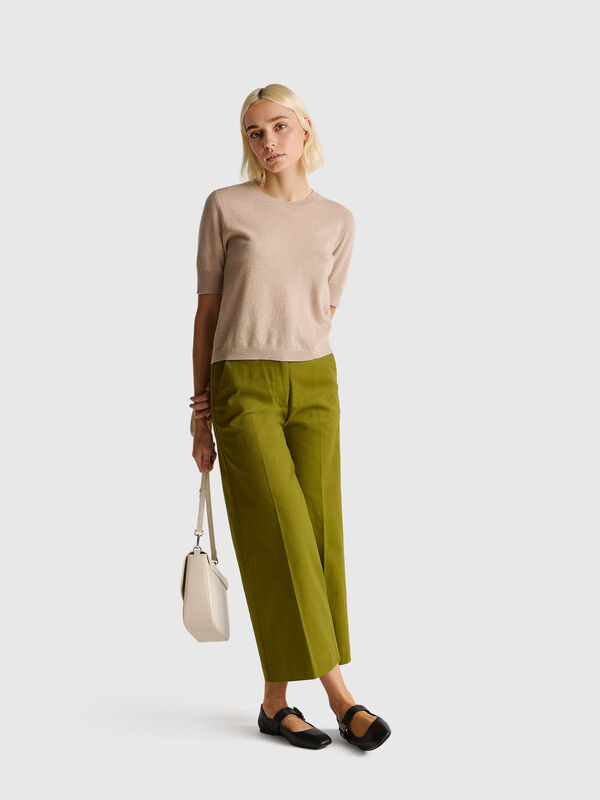 Jersey beige de manga corta en pura lana merino Mujer