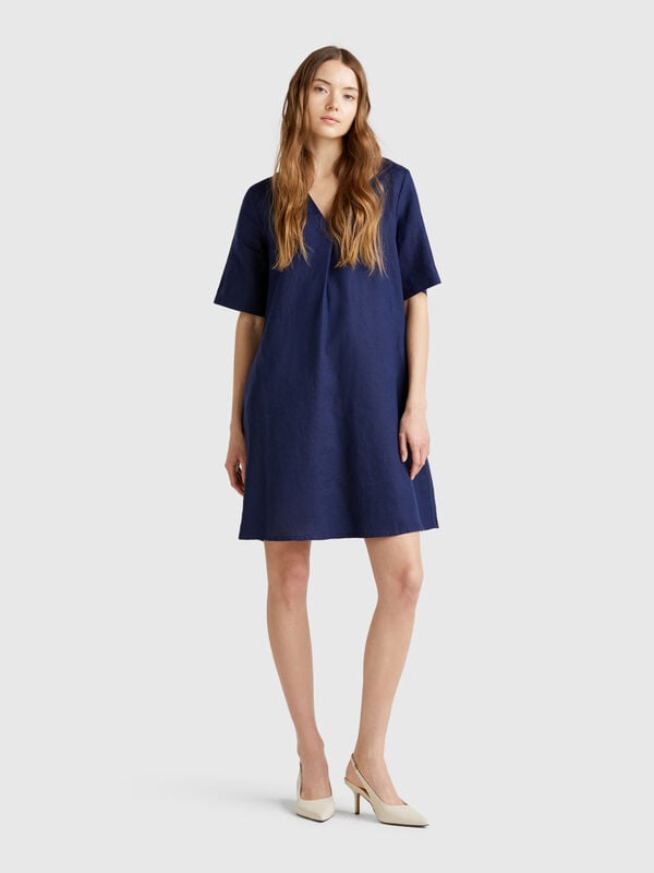 Vestido de manga corta en puro lino Mujer