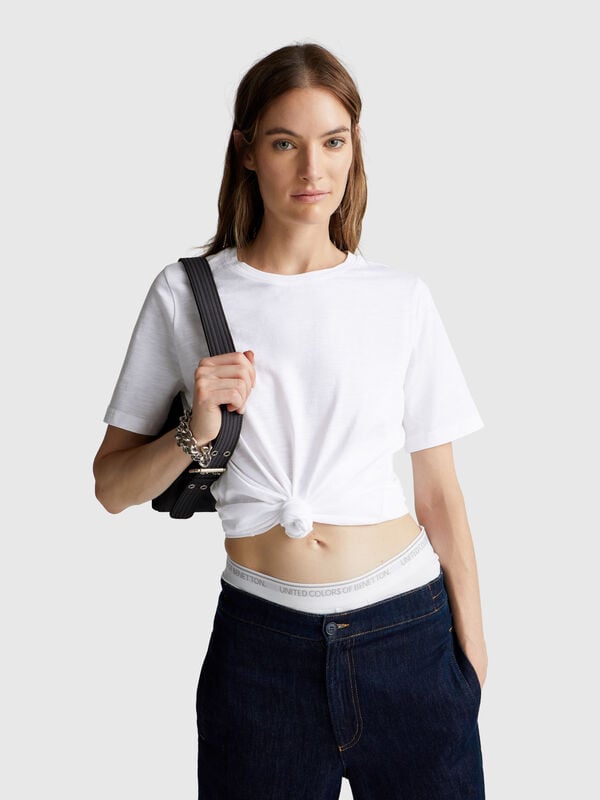 Camiseta de cuello redondo en algodón flameado Mujer