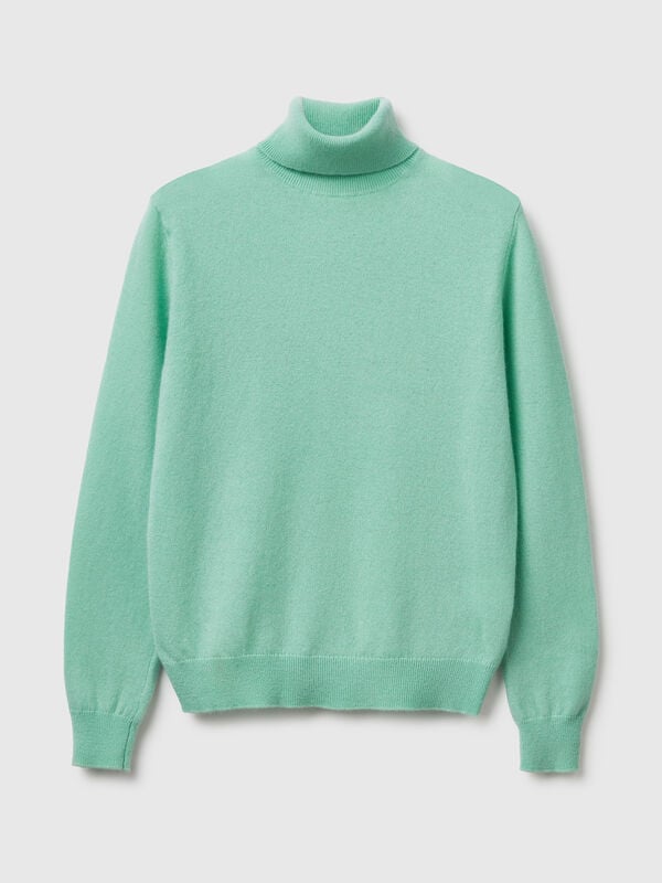 Suéter de cuello alto verde claro en pura lana merino Mujer