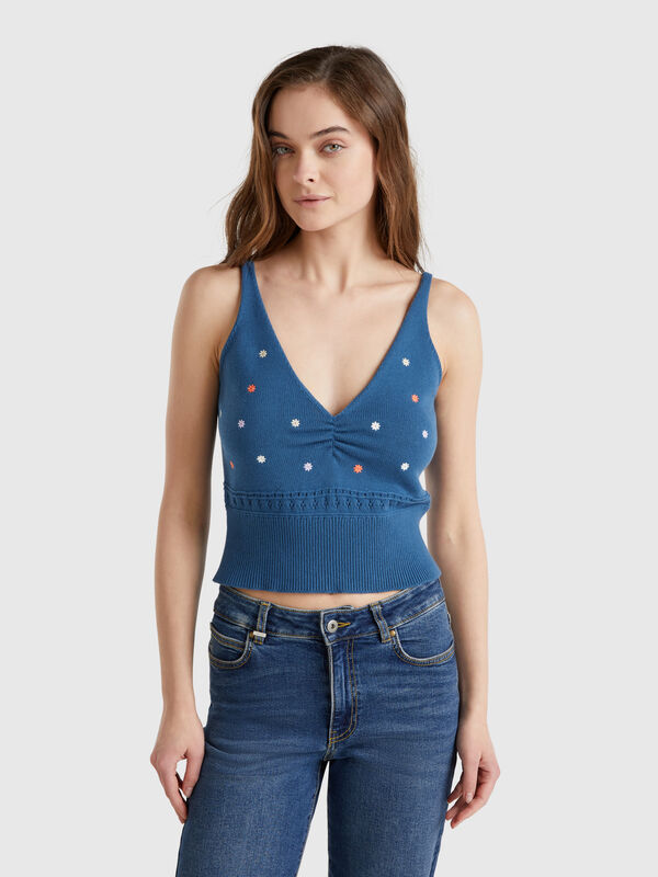 Camiseta de tirantes de punto con bordado de flores Mujer