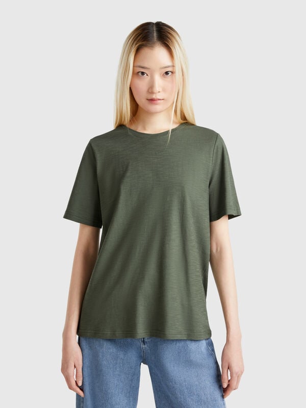 Camiseta de cuello redondo de algodón flameado Mujer