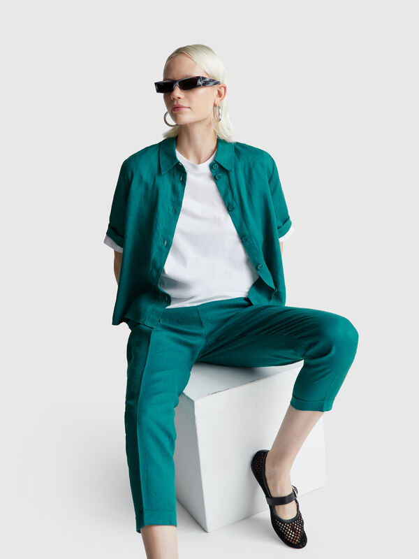 Pantalones de corte regular en lino puro Mujer