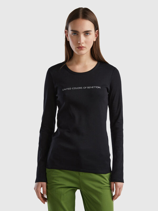 Camiseta negra de manga larga de 100 % algodón Mujer