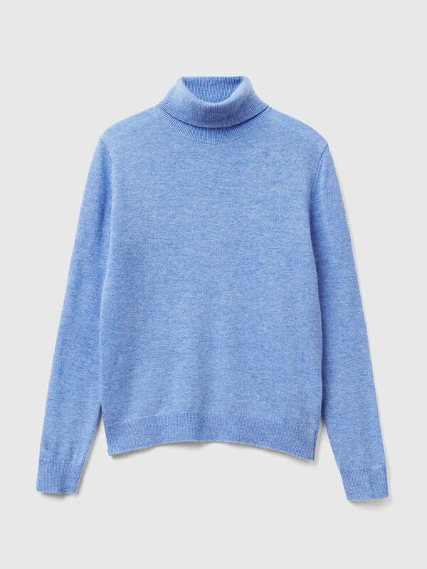 Suéter de cuello alto azul claro en pura lana merino Suéter de cuello alto azul claro en pura lana merino Mujer