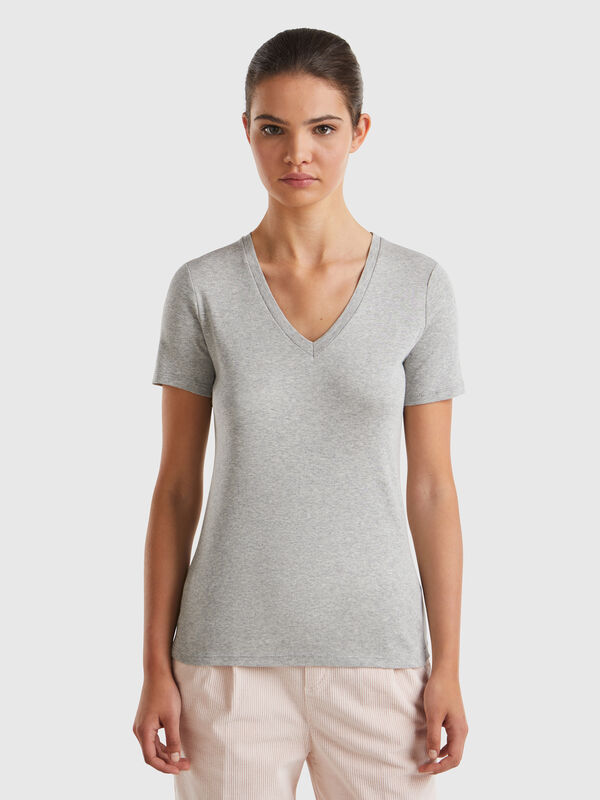 Camiseta de algodón puro con escote de pico Mujer