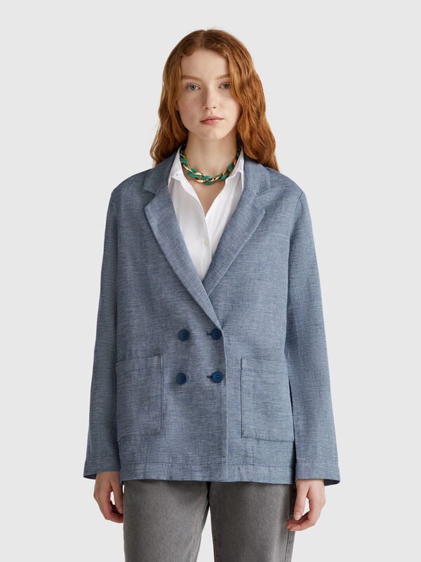 Chaqueta cruzada en mezcla de lino Mujer