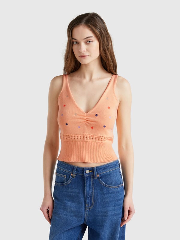 Camiseta de tirantes de punto con bordado de flores Mujer
