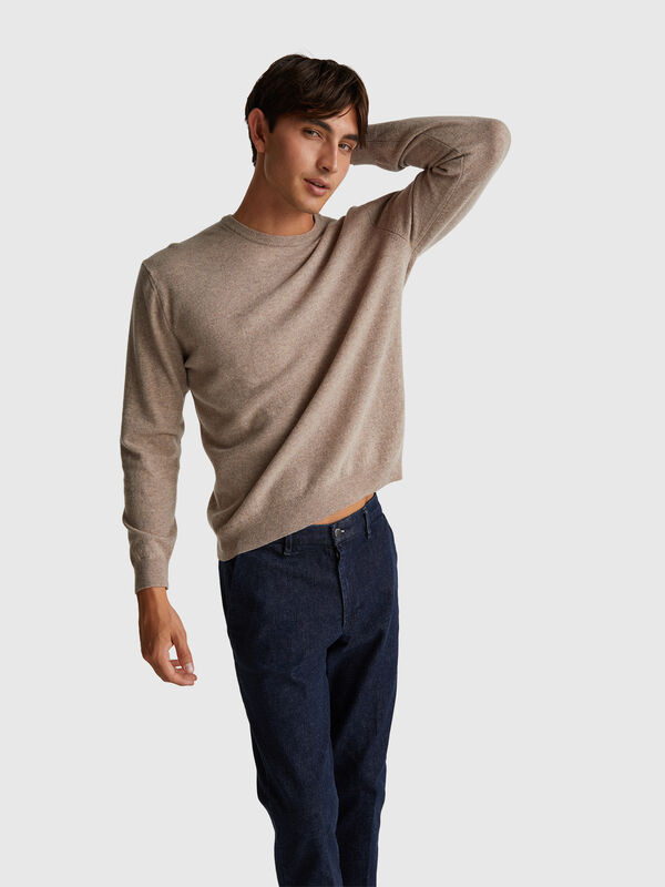 Suéter de cuello redondo en color marrón jaspeado de pura lana merino Hombre