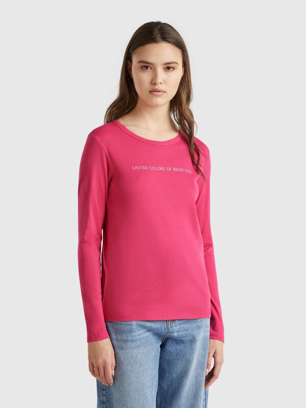 Camiseta magenta de manga larga de 100 % algodón Mujer