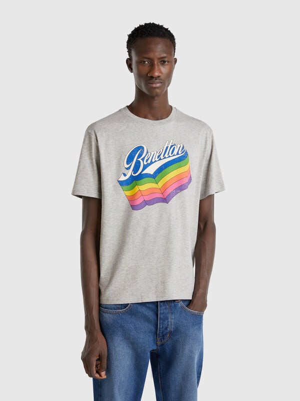 Camiseta gris de algodón con logo multicolor Hombre