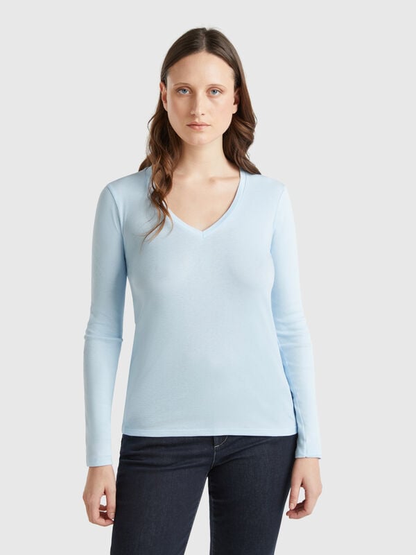 Camiseta de manga larga con cuello en V Mujer